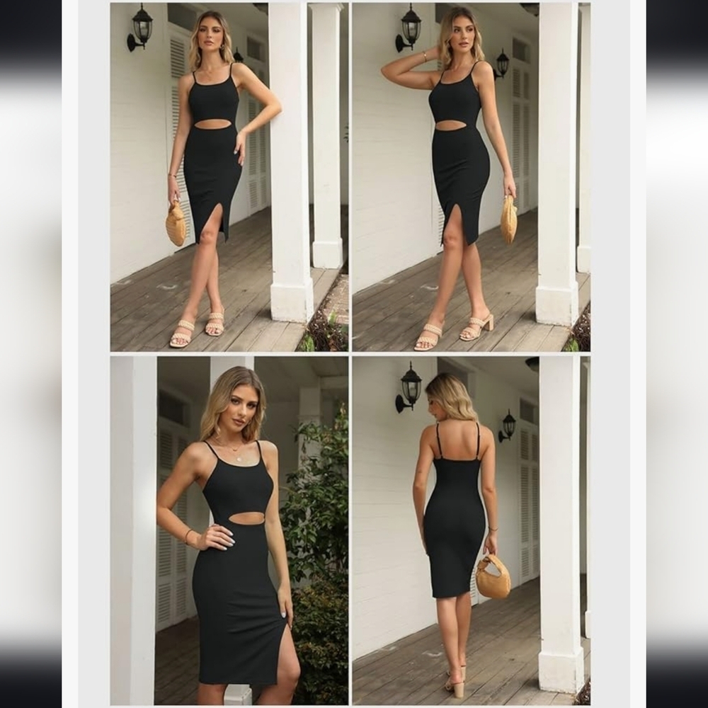 Black Bodycon Midi Dress with Cutout and Slit​​ - Picture 4 of 13